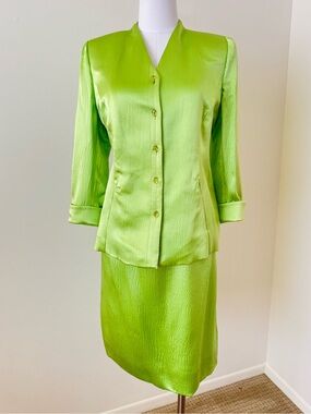 Lourdes Chavez Haute Couture Lime Green Silk Skirt Suit Set Vintage Size 14/M